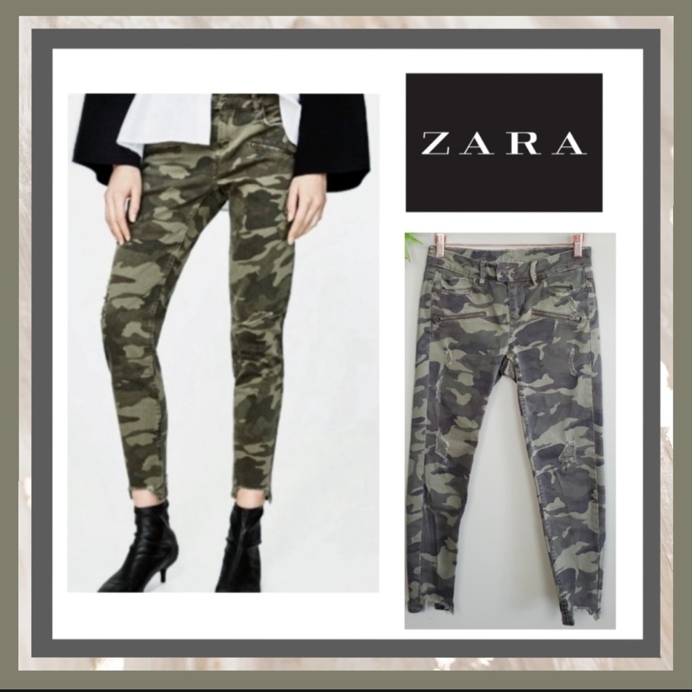 Zara Skinny Mid Rise Distressed Frayed Camo Jeans Sz 6